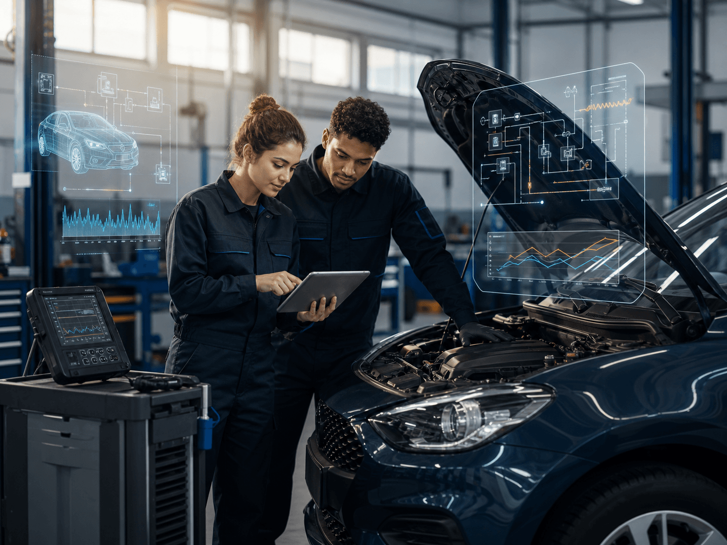 Étudiants en BTS Maintenance des Véhicules réalisant un diagnostic automobile sur Kraken